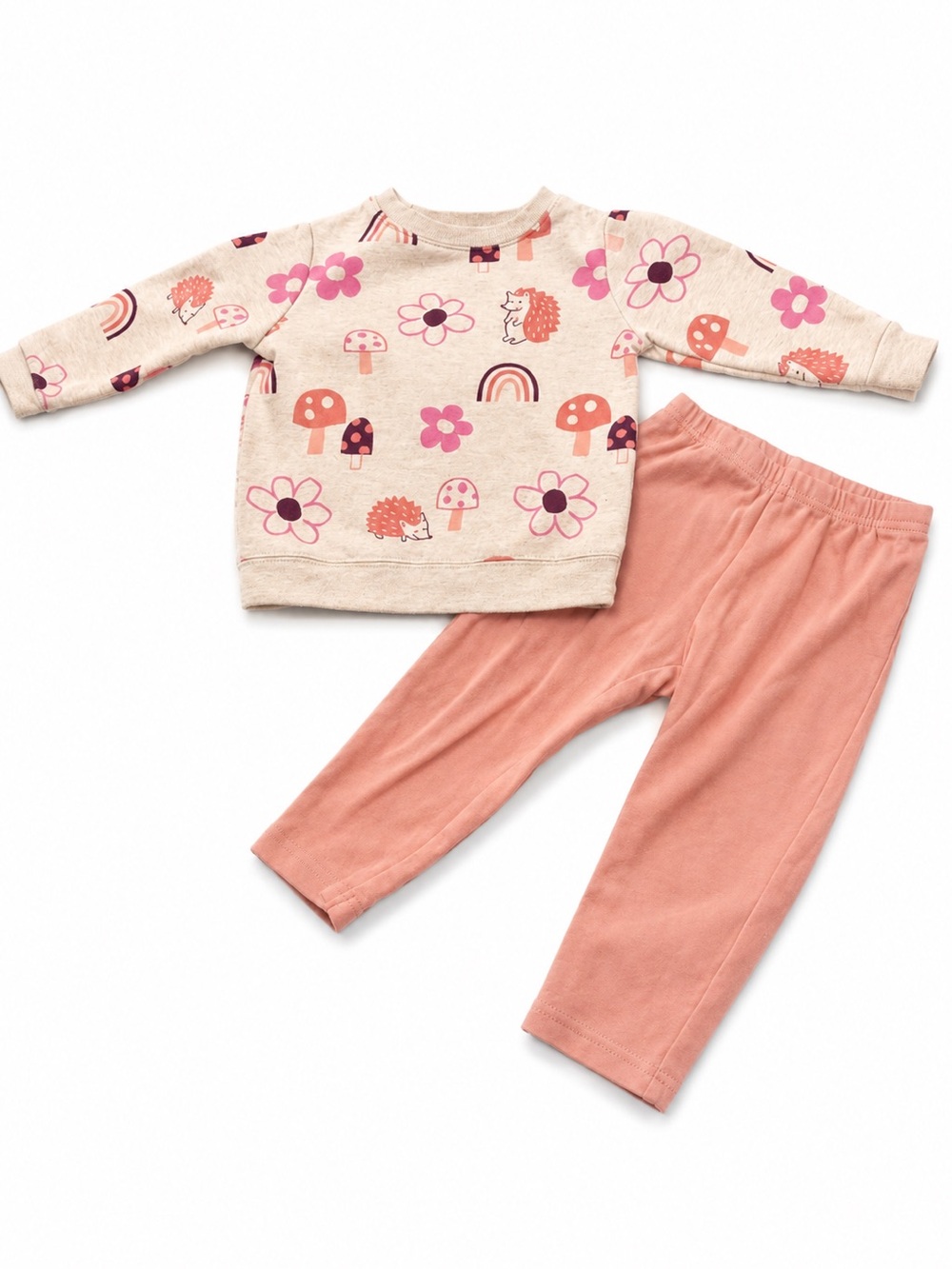 Toddler Two-Piece Floral & Mushroom Sweatshirt Set - Pink & Cream